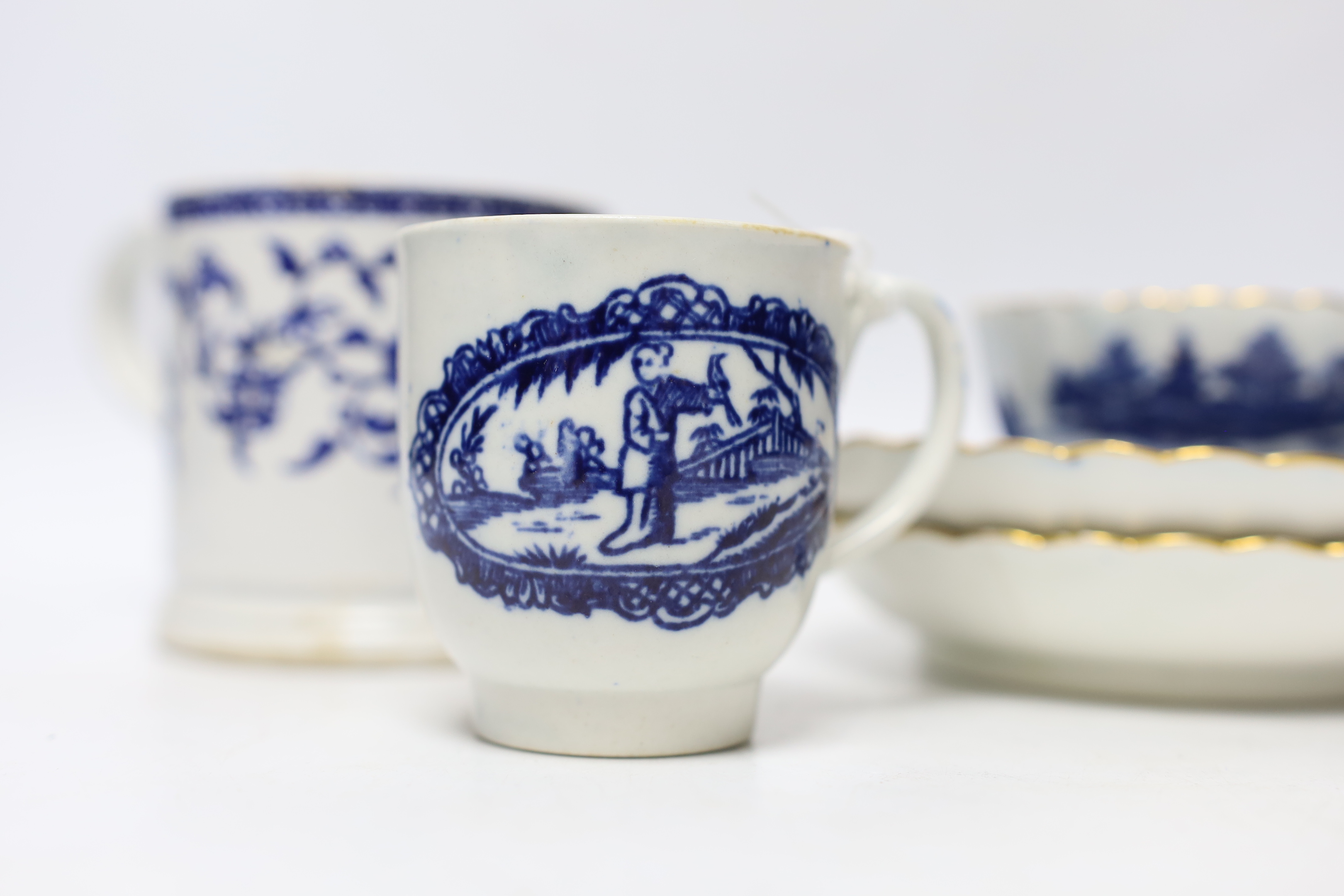Liverpool, Seth Pennington and John Part, a Porter and Ferryman pattern coffee cup, c.1780, together with an early 19th century Pearlware blue and white mug and further blue and white wares (5)